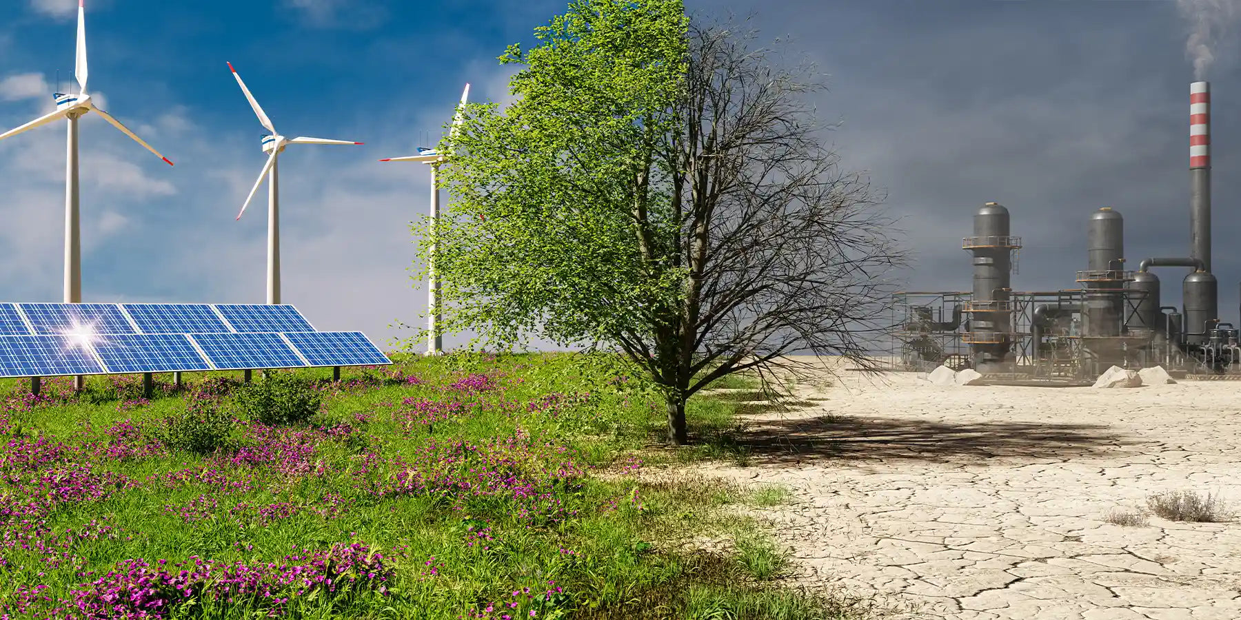 Wind und Solar Energie Versus Industie. Baum ist nur zur Häfte grün